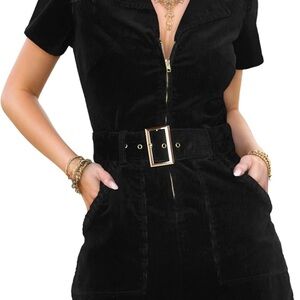 Corduroy Black Mini Collared Dress w/ Gold Zipper & Belt
